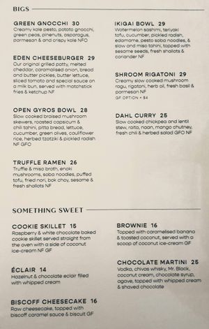 menu: mains and dessert at Eden in Bondi Beach