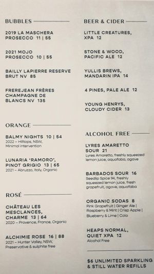 drink menu at Eden in Bondi Beach