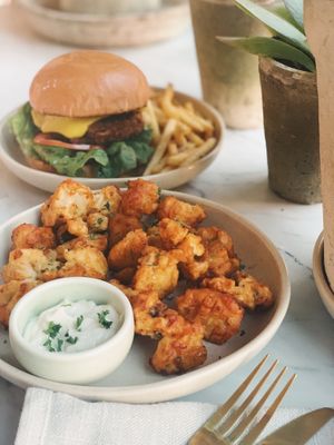 Cauli popcorn and Hero Burger at Eden in Bondi Beach