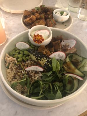 Teriyaki bento bowl and popcorn cauli  at Eden in Bondi Beach