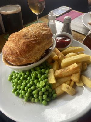 Mushroom and ale pie with chips and peas   at The Swan Inn in Sidmouth