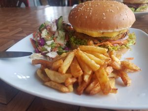 Vegan burger with fries at Garden Grown in Arugam Bay
