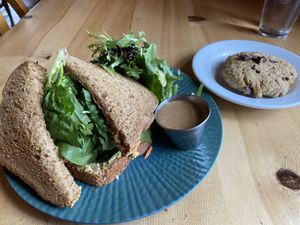 Spicy tofu sandwich and vegan cookie   at Amazing Grace in Breckenridge