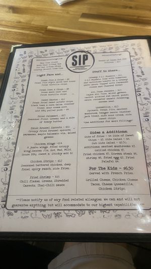 Menu page 1  at Sip in Plattsburgh