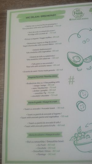 Breakfast menu at Go Fresh in Chisinau