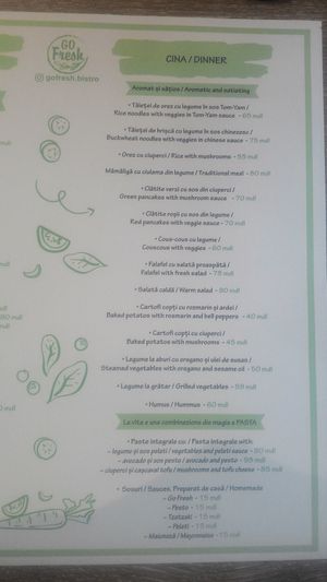 Dinner menu at Go Fresh in Chisinau