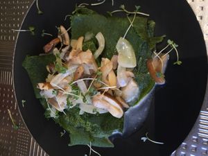 Spinach pancakes with sautéed mushrooms at Go Fresh in Chisinau