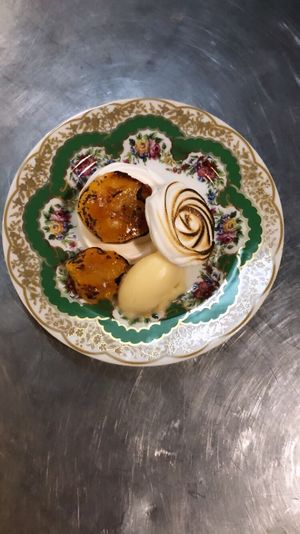 Pavlova with roasted nectarcots  at Local Vegan in Seattle