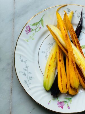 Roasted rainbow carrots at Local Vegan in Seattle