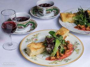 Porchini & Chanterelle mousse, cherries, house baked bread, salad photo by Serena at Momoshares  at Local Vegan in Seattle