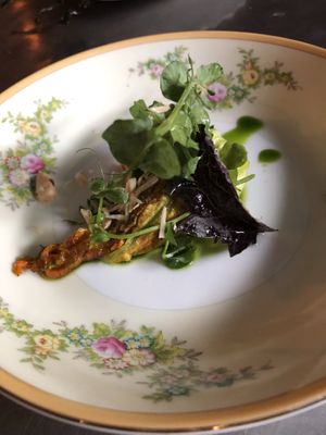 Herb stuffed squash blossom  at Local Vegan in Seattle