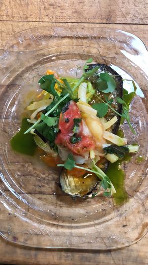 Eggplant tomato jam yellow wax beans  at Local Vegan in Seattle