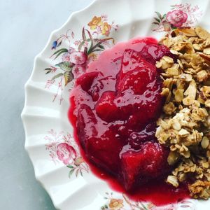 Collins  Farm fortune plums with gluten free crumble  at Local Vegan in Seattle