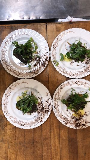 Eggplant caviar lentils  peavine salad at Local Vegan in Seattle