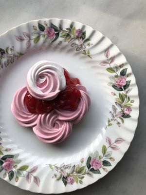 Aquafaba Pavlova with plums  at Local Vegan in Seattle