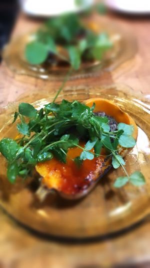 Baby butternut squash caviar lentils pea vines  at Local Vegan in Seattle