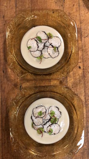 Jerusalem Artichoke soup with fresh black Douglas fir truffles  at Local Vegan in Seattle