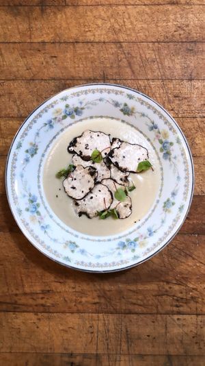 Jerusalem Artichoke soup with fresh black Douglas fir truffles  at Local Vegan in Seattle