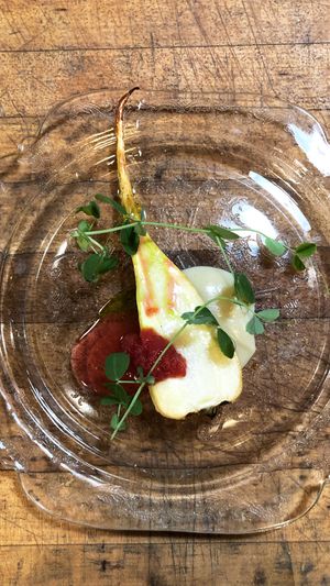 Parsnip purée and roasted parsnip with plum jam and pea vines  at Local Vegan in Seattle