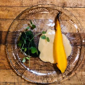 Roasted carrot almond butter pea vines  at Local Vegan in Seattle