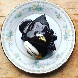 Theo chocolate cake vegan macaron   at Local Vegan in Seattle