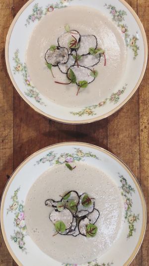 Potato leek soup with local truffles  at Local Vegan in Seattle