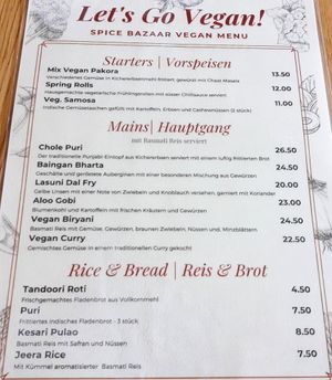 Vegan menu at Spice Bazaar in Engelberg
