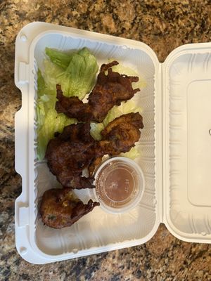 Onion bhajis. I thought they were really good but my mom who doesn’t care for spice as much did not enjoy  at Happy Vegans in Clifton