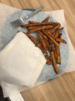 Classic burger with sweet potato fries   at Happy Vegans in Clifton