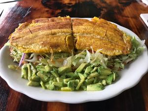 Patacon sandwich w/ Avocado Salad at Icelso in Lawrence