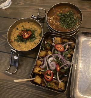 Tea steeped chickpeas, temple dahl, fenugreek fries (all vegan & gluten-free)   at Mowgli in Cardiff