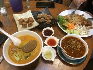 Pork spring rolls, fried chicken, khao soi, pad thai and northern thai curry = all vegan  at V. Napaphud Vegetarian Food in Chiang Mai