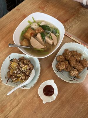 Two mains and a fried chicken starter  #Veganuary at V. Napaphud Vegetarian Food in Chiang Mai