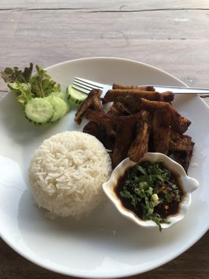 Roasted pork with rice (vegan)   at V. Napaphud Vegetarian Food in Chiang Mai
