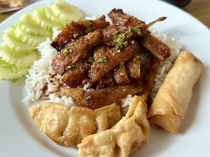 Vegan grilled pork on rice, takeaway (85 THB)  at V. Napaphud Vegetarian Food in Chiang Mai