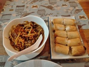 Northern Thai Pork curry.. Good for ginger lovers! Spring rolls. at V. Napaphud Vegetarian Food in Chiang Mai