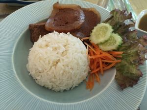 Pork and rice at V. Napaphud Vegetarian Food in Chiang Mai