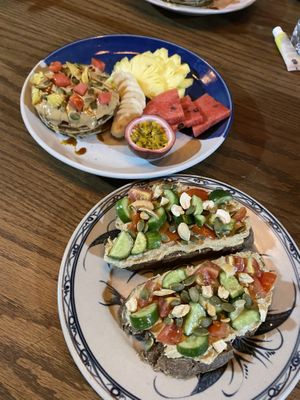 hummus toast and banana pancakes  at Ngon Vegan Restaurant in Tam Coc