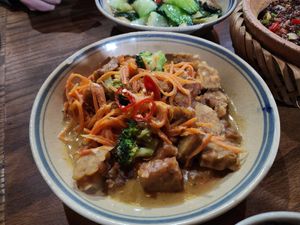 Tempeh with peanut ginger sauce at Ngon Vegan Restaurant in Tam Coc