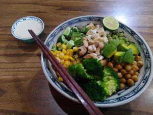 The protein bowl with tahini dressing at Ngon Vegan Restaurant in Tam Coc