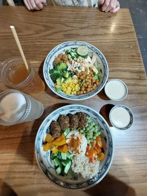 Protein bowl and falafel bowl, lemonade and kombucha at Ngon Vegan Restaurant in Tam Coc