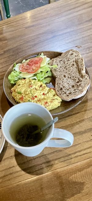 Scrambled tofu with bread (don’t think it is vegan )  at Ngon Vegan Restaurant in Tam Coc
