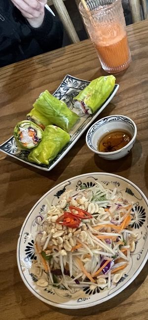 Spring rolls and papaya saladd  at Ngon Vegan Restaurant in Tam Coc