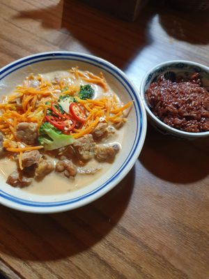 Tempeh with peanut ginger souce (comes with rice) at Ngon Vegan Restaurant in Tam Coc