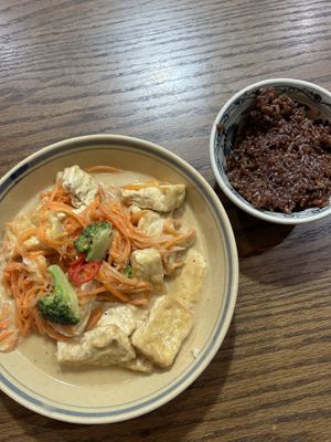 Tofu in peanut ginger sauce with rice  at Ngon Vegan Restaurant in Tam Coc