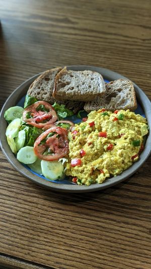 Scramble Tofu with sourdough bread at Ngon Vegan Restaurant in Tam Coc