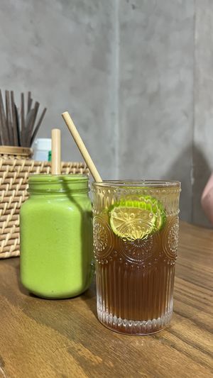 Tropical fruit smoothie and ice teaa  at Ngon Vegan Restaurant in Tam Coc