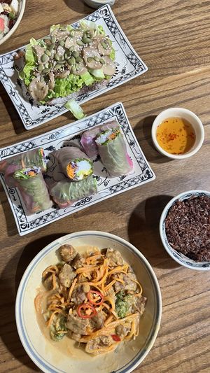 Avocado toast (without tomato), fresh spring rolls, tempeh in peanut ginger saucee  at Ngon Vegan Restaurant in Tam Coc