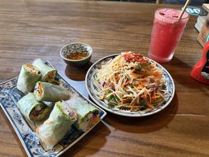 Papaya salad, summer rolls and watermelon juicee  at Ngon Vegan Restaurant in Tam Coc