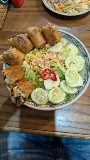 noodles with fried spring rolls at Ngon Vegan Restaurant in Tam Coc